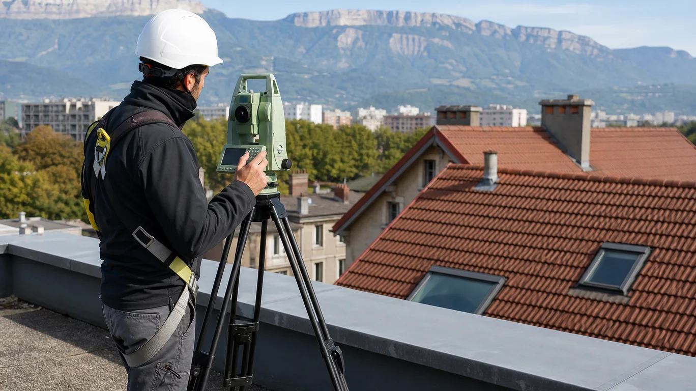 Technicien réalisant un diagnostic solaire de toiture près de Grenoble Technicien réalisant un diagnostic solaire de toiture près de Grenoble