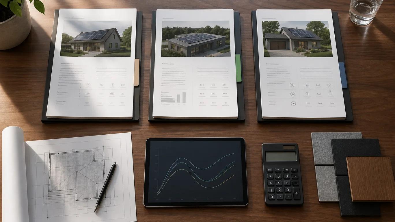 Trois propositions photovoltaïques comparées sur une table de travail Trois propositions photovoltaïques comparées sur une table de travail