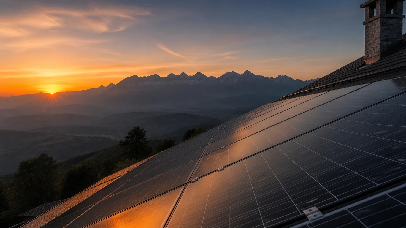 Panneaux photovoltaïques au coucher du soleil dans la campagne grenobloise Panneaux photovoltaïques au coucher du soleil dans la campagne grenobloise