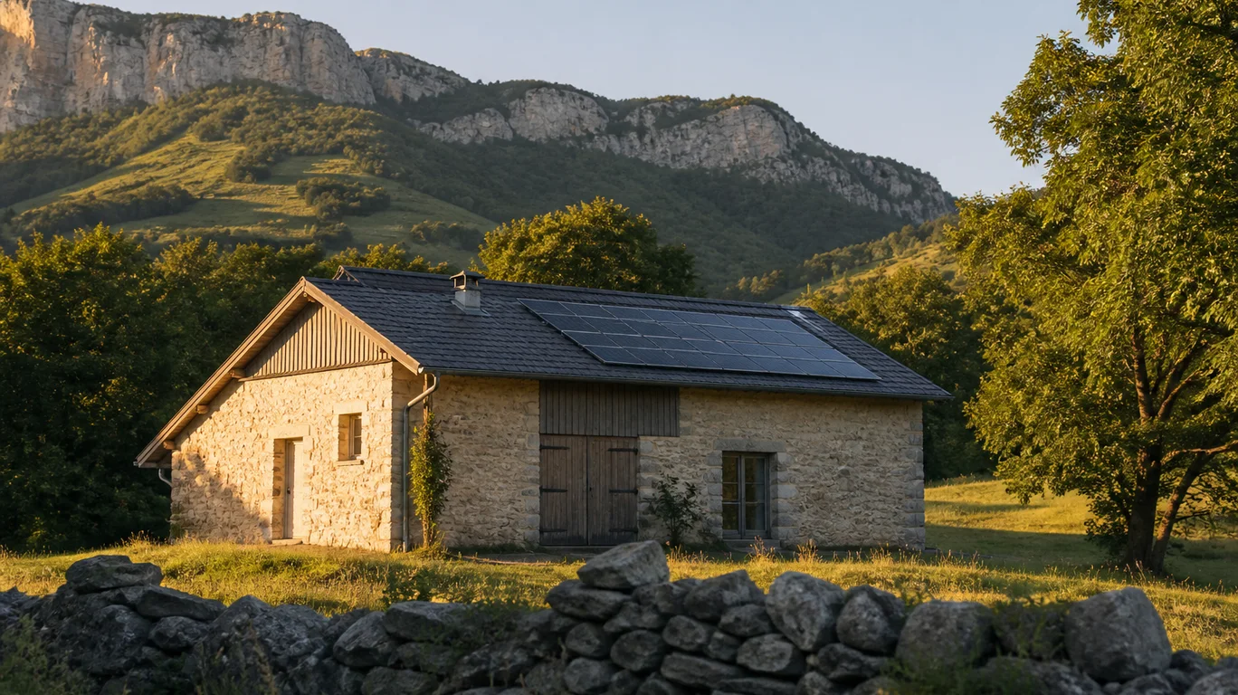 Grange en pierre du Vercors avec panneaux photovoltaïques Grange en pierre du Vercors avec panneaux photovoltaïques