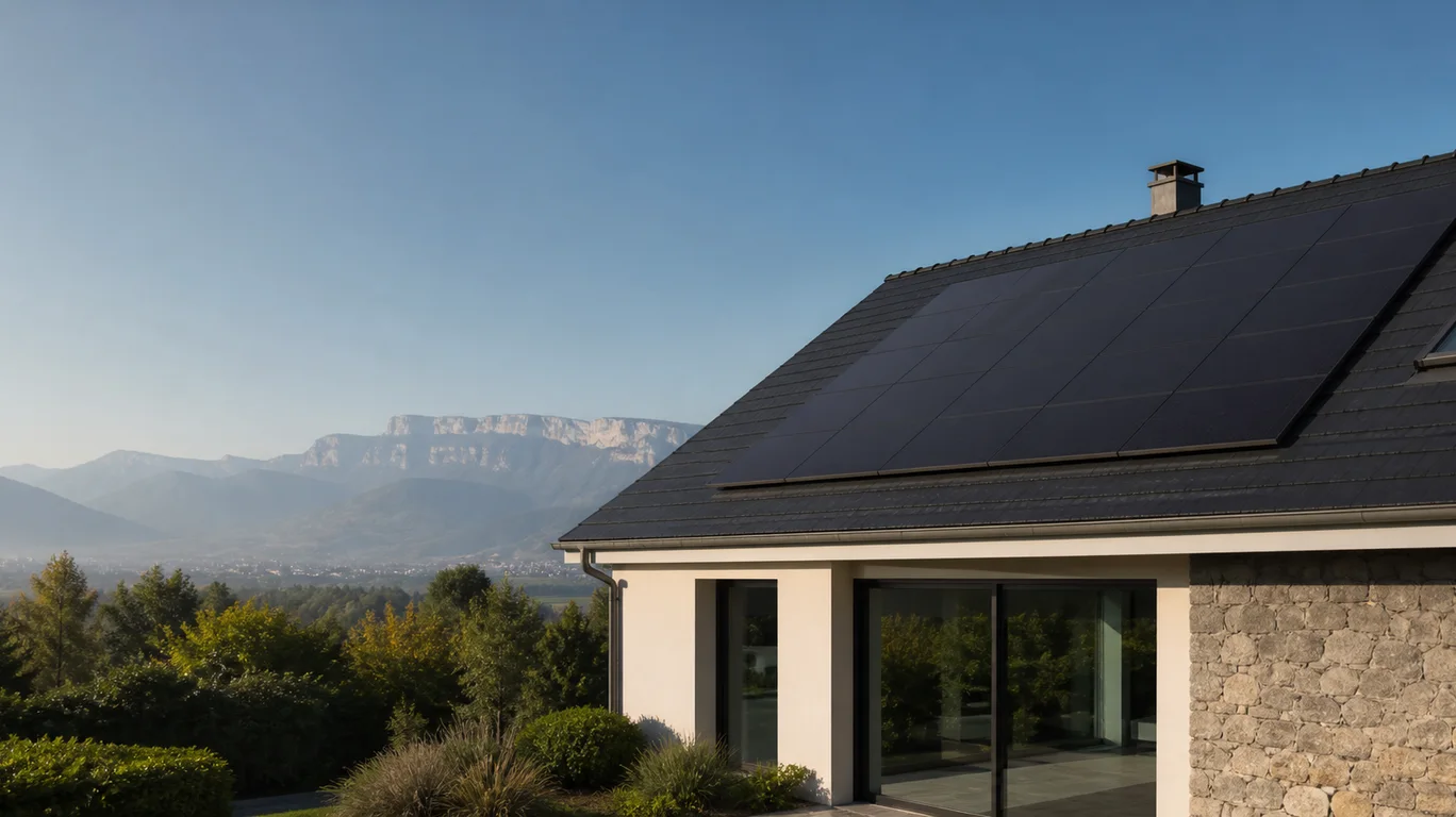 Maison grenobloise équipée de panneaux photovoltaïques face aux massifs Maison grenobloise équipée de panneaux photovoltaïques face aux massifs