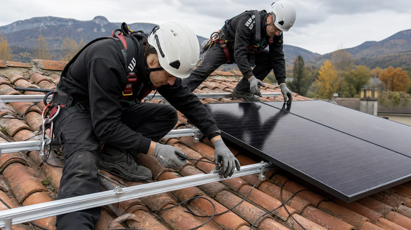 Installateurs posant des modules solaires sur une toiture en tuiles Installateurs posant des modules solaires sur une toiture en tuiles
